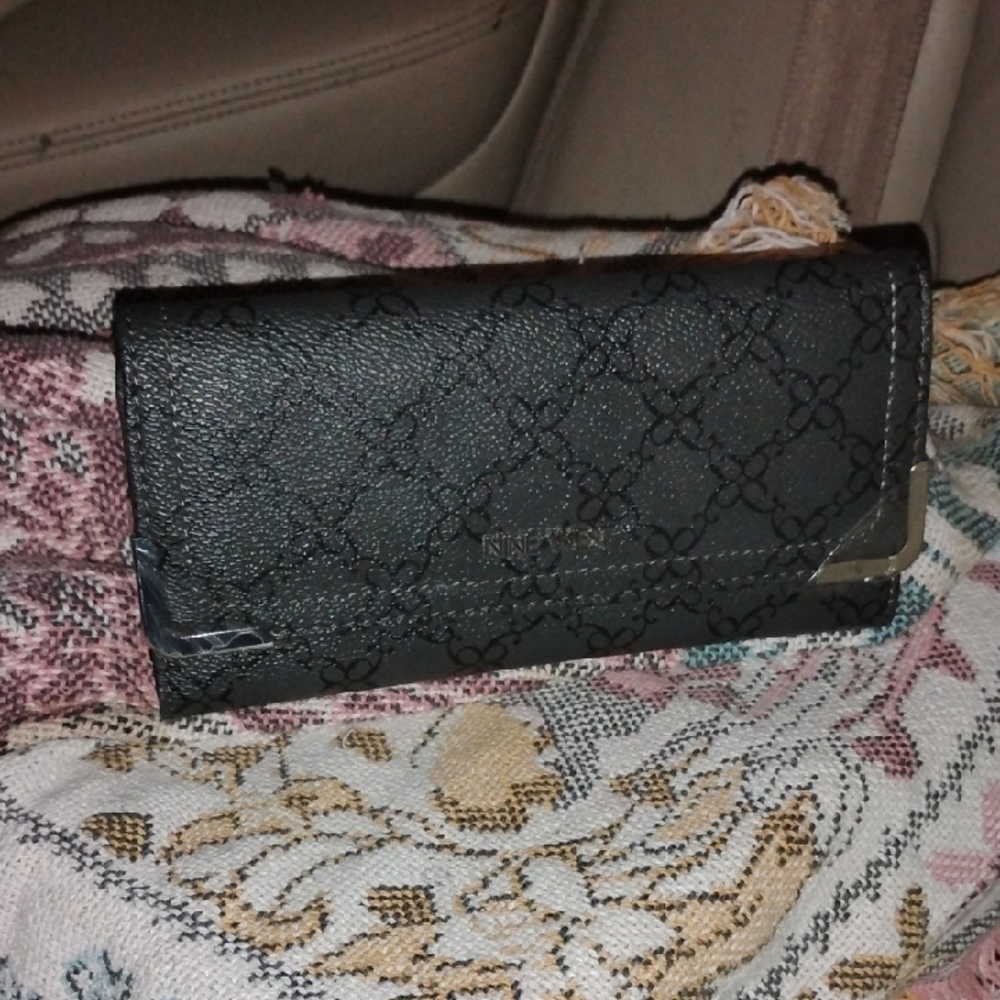 Nine West Black Textured Wallet with Metal Corner Accents